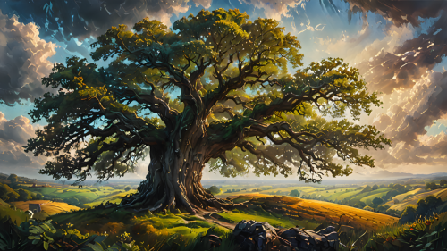 An-ancient-oak-tree-stands-on-a-hill-looking-over-the-English-countryside